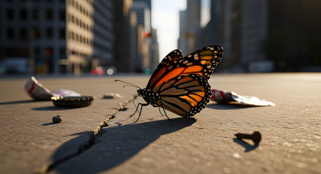 A beautiful monarch butterfly rests on the cracked pavement of a city street, a stark contrast to the surrounding litter and urban environment. The image powerfully symbolizes the resilience of nature, hope, and the impact of pollution.の素材