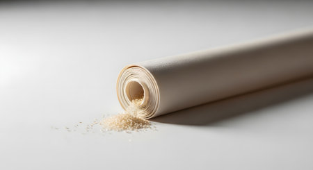A minimalist and conceptual close-up shows fine, sand-like particles spilling from the end of a tightly rolled sheet of textured paper. The image can represent the passage of time, the genesis of an idea, or the fine details of a creative process.の素材