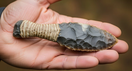 A person's hand holds a skillfully crafted replica of a prehistoric arrowhead or knife, made from knapped flint with a cordage-wrapped handle. This image highlights ancient human technology, craftsmanship, and the art of flint knapping, connecting to archaeology and survival skills.の素材