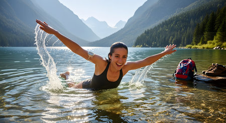 A joyful and energetic young woman, who is wearing a waterproof continuous glucose monitor (CGM) on her arm, splashes playfully in a stunning alpine lake. Her happy expression and the beautiful mountain scenery represent living an active, unrestricted life while managing diabetes with modern medical technology.の素材