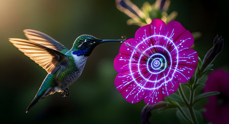 A beautiful hummingbird hovers in mid-air, drinking nectar from a vibrant pink petunia flower that is enhanced with a glowing, futuristic pattern. This surreal and conceptual image beautifully merges nature with technology, symbolizing concepts like bio-engineering, advanced pollination, or the digital enhancement of the natural world.の素材