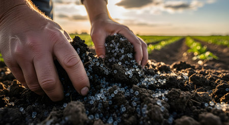 A close-up shot captures a farmer's hands mixing granular fertilizer into the rich, dark soil of a plowed field at sunset. This image represents modern agriculture, soil enrichment, and preparation for planting crops to ensure a healthy harvest.の素材