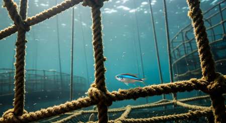 An underwater photograph shows a small, iridescent blue fish swimming near the thick rope netting of an aquaculture fish farm. The image provides a glimpse into the world of sustainable fish farming and marine agriculture.の素材
