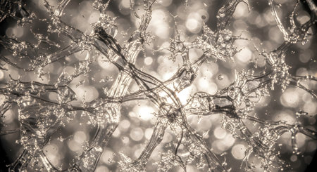A highly detailed, abstract macro image of an intricate, translucent network, resembling neurons or ice crystals. The complex, branching structure is set against a beautiful bokeh background, representing biological systems, connectivity, and complexity.の素材