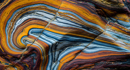A vibrant and detailed macro photograph of a metamorphic rock, such as banded gneiss or iron formation, reveals stunning, colorful layers and patterns. The flowing, wavy bands of orange, yellow, blue, and grey create a beautiful and complex abstract texture. This image showcases the incredible artistry of natural geological processes.の素材