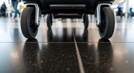 A low-angle, close-up shot focuses on the wheels of a rolling suitcase as it moves across the shiny, reflective floor of an airport terminal. The blurred background suggests the bustling environment of travel. This image captures the essence of a journey, business travel, and being on the move.の素材
