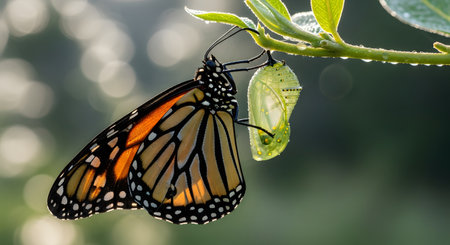 A newly emerged Monarch butterfly clings to its now-transparent chrysalis, which is attached to a leaf covered in morning dew. The beautiful, backlit scene captures the incredible moment of transformation and new life.の素材