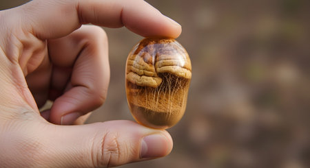 A person's fingers hold up a small, transparent stone, within which a miniature brain is encapsulated with tree roots growing downwards. This conceptual artwork symbolizes the deep connection between human intelligence, nature, personal growth, and grounded thoughts.の素材