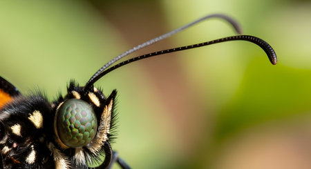 An incredible extreme macro photograph of a Monarch butterfly's head, revealing the stunning, detailed structure of its large, green compound eye. The intricate hexagonal pattern of the ommatidia is in sharp focus, along with its delicate antennae.の素材