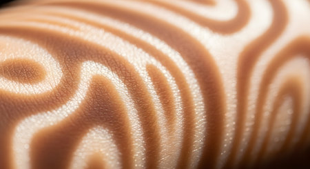 An abstract macro photograph showing the detailed texture of human skin with a projected pattern of swirling light and shadow. The concentric, wavy lines create a mesmerizing and organic design on the skin's surface. This image can represent concepts like identity, biology, art, or the uniqueness of the individual.の素材