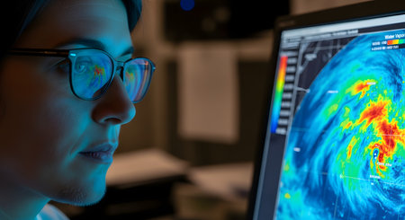 A focused meteorologist wearing glasses analyzes a weather map showing a powerful hurricane on her computer screen. The colorful satellite imagery is reflected in her lenses as she monitors the storm's trajectory and intensity. This image represents weather forecasting, meteorology, science, and storm tracking.の素材