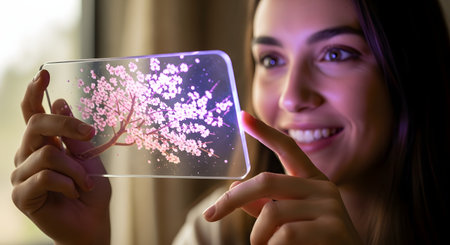 A smiling woman interacts with a futuristic transparent smartphone, displaying a beautiful, glowing image of a cherry blossom tree. This image represents the future of mobile technology, augmented reality, innovative displays, and the seamless integration of digital content into our lives.の素材