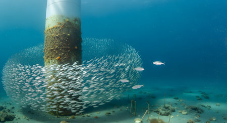 A stunning underwater photograph of a massive school of silver fish, forming a swirling vortex as they swim around the base of a coral-encrusted pylon. The clear blue water and sandy seabed create a beautiful marine ecosystem scene. This image captures the beauty and coordinated movement of marine life.の素材