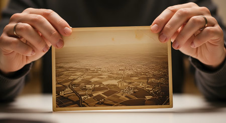 A person's hands are carefully holding up an old, sepia-toned aerial photograph, showing it to the viewer. The vintage photo displays a landscape of a town and surrounding fields from a bygone era. The image evokes feelings of nostalgia, memory, history, and looking back at the past.の素材