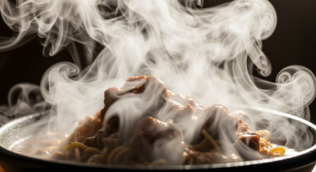 A tantalizing close-up shot of a freshly prepared bowl of Asian noodles and meat, with thick, aromatic clouds of steam swirling upwards. The image perfectly captures the heat and deliciousness of a comforting, savory meal like ramen or hot pot.の素材