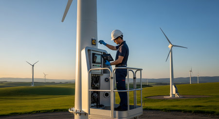 A technician in a hard hat performs maintenance on a wind turbine's control panel using a tablet, elevated on a service lift. The scene is set in a vast wind farm on rolling green hills during a beautiful sunset, representing the renewable energy industry and skilled green jobs.の素材
