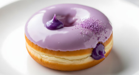 A single, perfectly crafted gourmet donut is presented on a clean white plate. The donut has a shiny purple glaze, likely from ube or taro, and is elegantly decorated with a dollop of frosting and purple sprinkles. This delicious image showcases artisanal baking and sweet treats.の素材