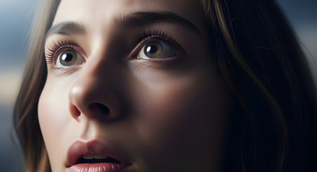A beautifully lit, extreme close-up of a young woman's face, her captivating eyes looking up with an expression of profound wonder, hope, or awe. The detailed shot emphasizes her flawless skin and captures a powerful, introspective, and emotional moment.の素材