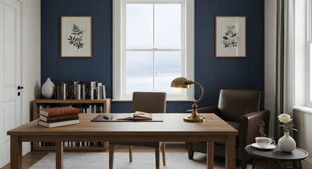 An elegant and traditional home office or study with dark blue walls and classic wooden furniture. The room features a tidy desk with a vintage-style lamp, an open book, a leather armchair, and a bookcase, creating a sophisticated and studious atmosphere. Natural light comes through a large window, and a cup of tea steams on a side table.の素材