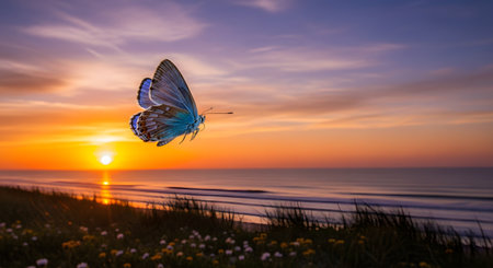 A beautiful, delicate blue butterfly is captured in mid-flight over a field of wildflowers on a beach dune during a spectacular sunset. The warm, golden light of the setting sun illuminates the scene, creating a peaceful and magical atmosphere. This image symbolizes freedom, hope, transformation, and the beauty of nature.の素材