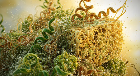 A 3D scientific illustration of a bacterial biofilm, showing a porous, sponge-like central mass with spiral-shaped spirochete bacteria emerging from it. The detailed, microscopic view in green and yellow tones represents concepts in microbiology and infectious disease.の素材
