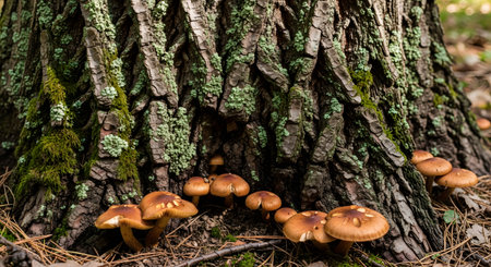 A cluster of brown mushrooms grows at the base of a large tree with textured, moss-covered bark. The fungi are nestled amongst pine needles and fallen leaves on the forest floor. This peaceful, natural scene captures the details of a woodland ecosystem.の素材