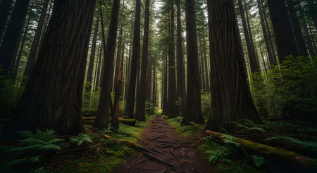 A tranquil and awe-inspiring view of a dirt path winding through a majestic forest of giant redwood or sequoia trees. The towering trees create a natural cathedral, with a dense canopy and a lush, green undergrowth of ferns. This peaceful image invites feelings of serenity, wonder, and a deep respect for nature.の素材