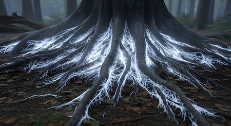 In a dark forest, the sprawling roots of an ancient tree pulse with a mysterious, glowing white light. This fantasy image symbolizes a hidden energy source, a natural network like mycelium, or the life force of the earth.の素材