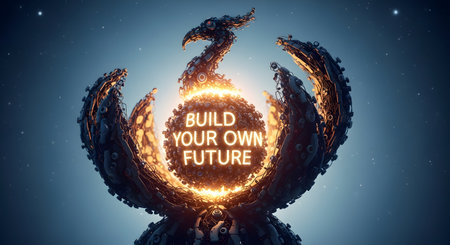 A futuristic, abstract sculpture resembling a phoenix cradles a glowing sphere with the words 'BUILD YOUR OWN FUTURE' illuminated on it. Set against a starry, cosmic background, the image conveys a message of empowerment, innovation, and taking control of one's destiny.の素材