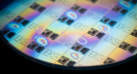 A close-up, angled macro shot of a silicon wafer, revealing the intricate patterns of individual microchips or dies. The surface of the wafer displays a beautiful iridescent rainbow of colors caused by thin-film interference. This image represents the precision and complexity of semiconductor manufacturing and high technology.の素材