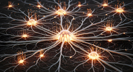 A visualization of a complex neural network, showing glowing neurons firing and sending signals through an intricate web of synapses. This image represents concepts like artificial intelligence, machine learning, brain function, and interconnected data systems.の素材