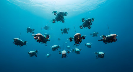 A swarm of autonomous underwater drones navigates in formation through clear blue ocean water. These futuristic robotic vehicles are on a mission of exploration, surveillance, or research in the deep sea. The image symbolizes advancements in marine technology, robotics, and collective intelligence.の素材