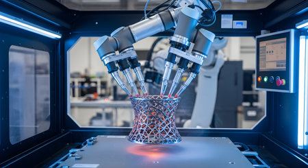 A state-of-the-art 3D printer utilizes multiple coordinated robotic arms to fabricate a complex, glowing red lattice structure. This futuristic scene in a clean factory environment demonstrates the pinnacle of additive manufacturing, automation, and advanced robotics.の素材