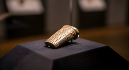A beautifully crafted ancient artifact, possibly a small cup or vessel with intricate carvings, is displayed on a black pedestal in a museum. The focused lighting and shallow depth of field emphasize the historical significance and craftsmanship of the object.の素材