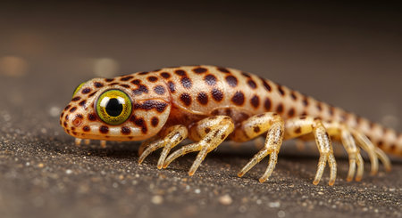 A stunning macro photograph captures a small, spotted salamander or lizard with prominent, detailed eyes. The creature is low to the ground on a textured surface, showcasing the intricate patterns on its skin. This image highlights the beauty and detail of small amphibians or reptiles in their natural environment.の素材