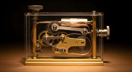 A close-up photograph of an intricate mechanical device with exposed gears, levers, and cogs, all housed within a clear acrylic case. The precision engineering and the brass and steel components suggest a complex clockwork mechanism or a piece of kinetic art. The device sits on a wooden table, lit to highlight its detailed craftsmanship.の素材