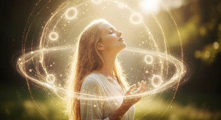 A beautiful, serene woman with her eyes closed in peaceful meditation. She is surrounded by a magical aura of swirling golden light and orbiting spheres, representing spirituality, wellness, mindfulness, and connection to a higher consciousness.の素材
