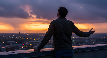 A man stands on a rooftop with his arms outstretched, embracing the view of a sprawling city at sunset. The dramatic sky and city lights create a contemplative and inspiring mood. This image symbolizes freedom, success, hope, and urban life.の素材