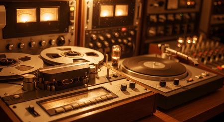 A warm and nostalgic shot of a vintage audio recording studio, filled with classic analog equipment. A reel-to-reel tape machine and a vinyl turntable are prominently featured, with glowing vacuum tubes and VU meters creating a retro atmosphere.の素材