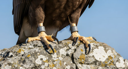 A powerful close-up of the sharp talons of a large bird of prey, possibly an eagle or hawk, gripping a lichen-covered rock. The bird has metal tracking bands on its legs, indicating it is part of a wildlife conservation or research program. The image highlights the strength of the predator and the efforts made to study and protect it.の素材
