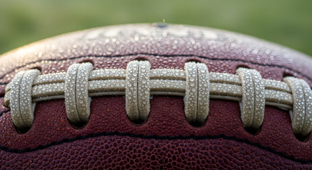 An extreme close-up, macro photograph of the white laces on a textured leather American football. The entire surface is covered in tiny, sparkling droplets of morning dew, capturing the feeling of an early morning practice.の素材