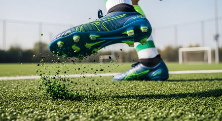 A dynamic, low-angle action shot of a soccer player's foot in a blue and green cleat, kicking up a spray of black and green turf pellets from an artificial pitch. The motion is frozen, capturing the energy and impact of a powerful kick on a sunny day. The focus is on the shoe and the exploding turf, with a soccer goal blurred in the background.の素材