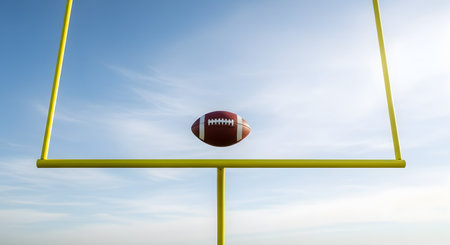 A perfectly centered shot of an American football in mid-air, about to pass through the uprights of a yellow goalpost against a bright blue sky. This image symbolizes success, precision, scoring a field goal, and a pivotal game moment.の素材