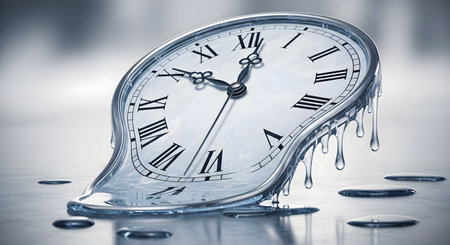 A classic pocket watch with Roman numerals is depicted melting and dripping onto a surface, in a surreal style reminiscent of Salvador Dali's famous paintings. This conceptual image represents the fluidity of time, relativity, dreams, and the subconscious mind.の素材