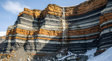 A stunning geological formation of a cliff face reveals distinct horizontal layers of sedimentary rock in shades of orange, black, and white. A thin waterfall trickles down the side, and patches of snow and rubble are visible at the base, showcasing Earth's history and natural processes.の素材