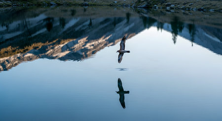A bird is captured in mid-flight over a serene, glassy lake, with its reflection perfectly mirrored in the water below. The calm surface of the lake also reflects the majestic, snow-dusted mountains in the background, creating a peaceful and symmetrical nature scene.の素材