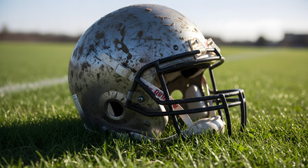 A close-up of a silver American football helmet, covered in mud and scratches from a tough game, rests on the green grass of a playing field. The image symbolizes the grit, determination, and competitive spirit of the sport.の素材