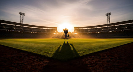 The silhouette of a lone baseball player stands on the infield grass, casting a long shadow at sunset in an empty stadium. The dramatic, warm light conveys a sense of dedication, ambition, and the solitary moments of a professional athlete.の素材