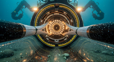 A complex, illuminated machine operates on the seabed, with robotic arms connecting a bundle of high-tech cables. This underwater view represents advanced deep-sea engineering, global internet infrastructure, and fiber optic communication technology.の素材