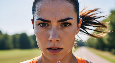 An intense close-up portrait of a determined athletic woman during a workout. Sweat glistens on her forehead as she looks directly at the camera with a focused expression, conveying strength, endurance, and motivation. The blurred outdoor background suggests she is running or exercising outside.の素材